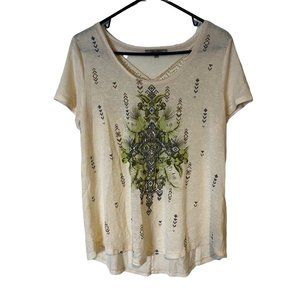 Miss Me Blouse Short Sleeve Cream Needlepoint Slit Back Tunic Womens Size Large